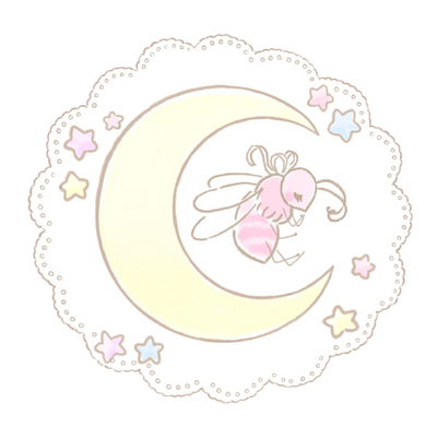 moon and honey logo featuring a moon, a pink bee and stars in a pastel palette